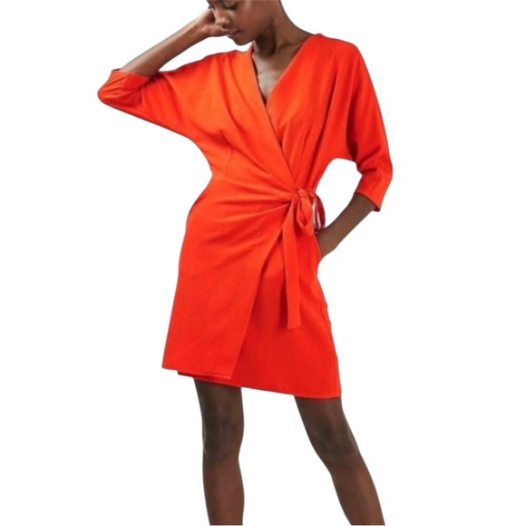NWT - TOPSHOP Dress Batwing Hot Red Wrap Midi Casual Wear To Work Dress Sz US 6 - Picture 1 of 5